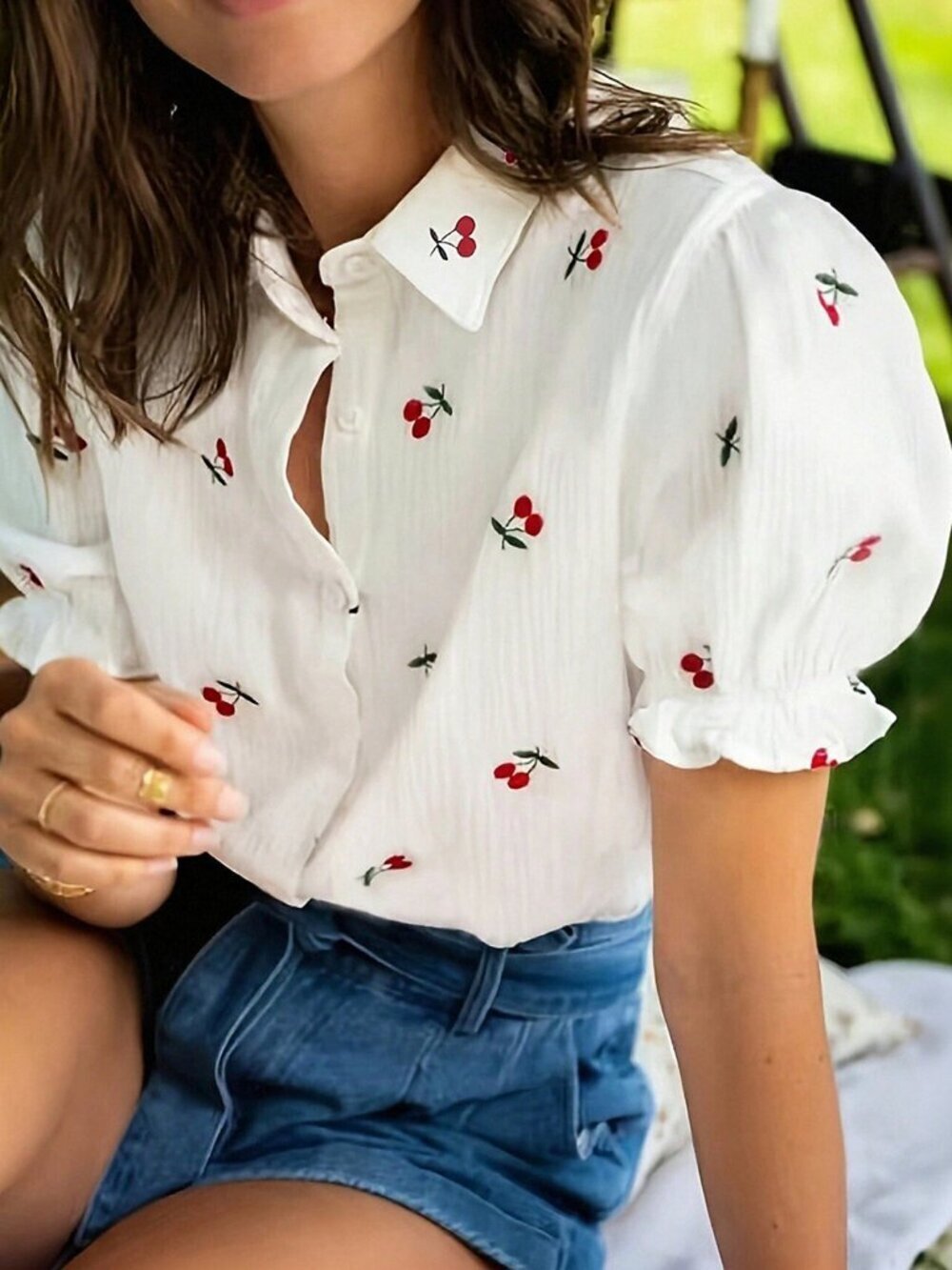 White Casual Women's Unique Cherry Print Ruffle Sleeves Blouse